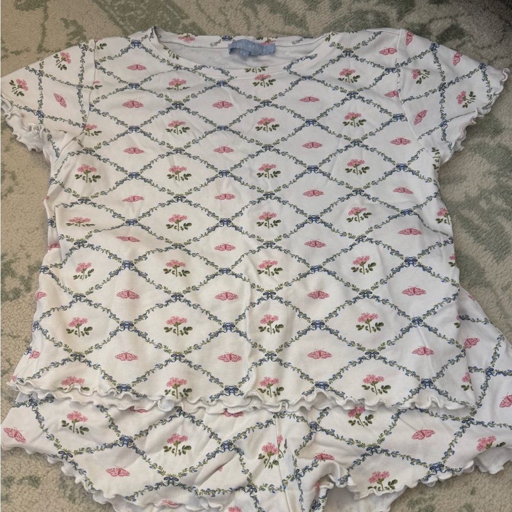 Hill House White Pajama Set with Pink and Green Floral Design